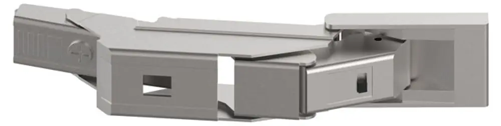 Keuco Scharnier in silberner Farbe, gefertigt aus Metall. Es zeigt eine bewegliche Struktur zur Montage, geeignet für Anwendungen, bei denen eine 110-Grad-Öffnung erforderlich ist.